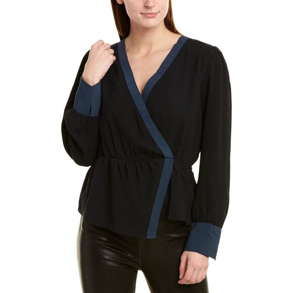 BCBG Max Azria Asymmetrical Long Sleeve Gathered Waist Faux Wrap Top XS NWT - Picture 2 of 7